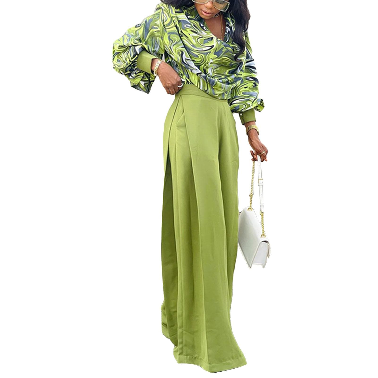Women Two Piece Print Outfits Cowl Neck Top Wide Leg Pants Casual Long Sleeves Shirt Pants Set L green