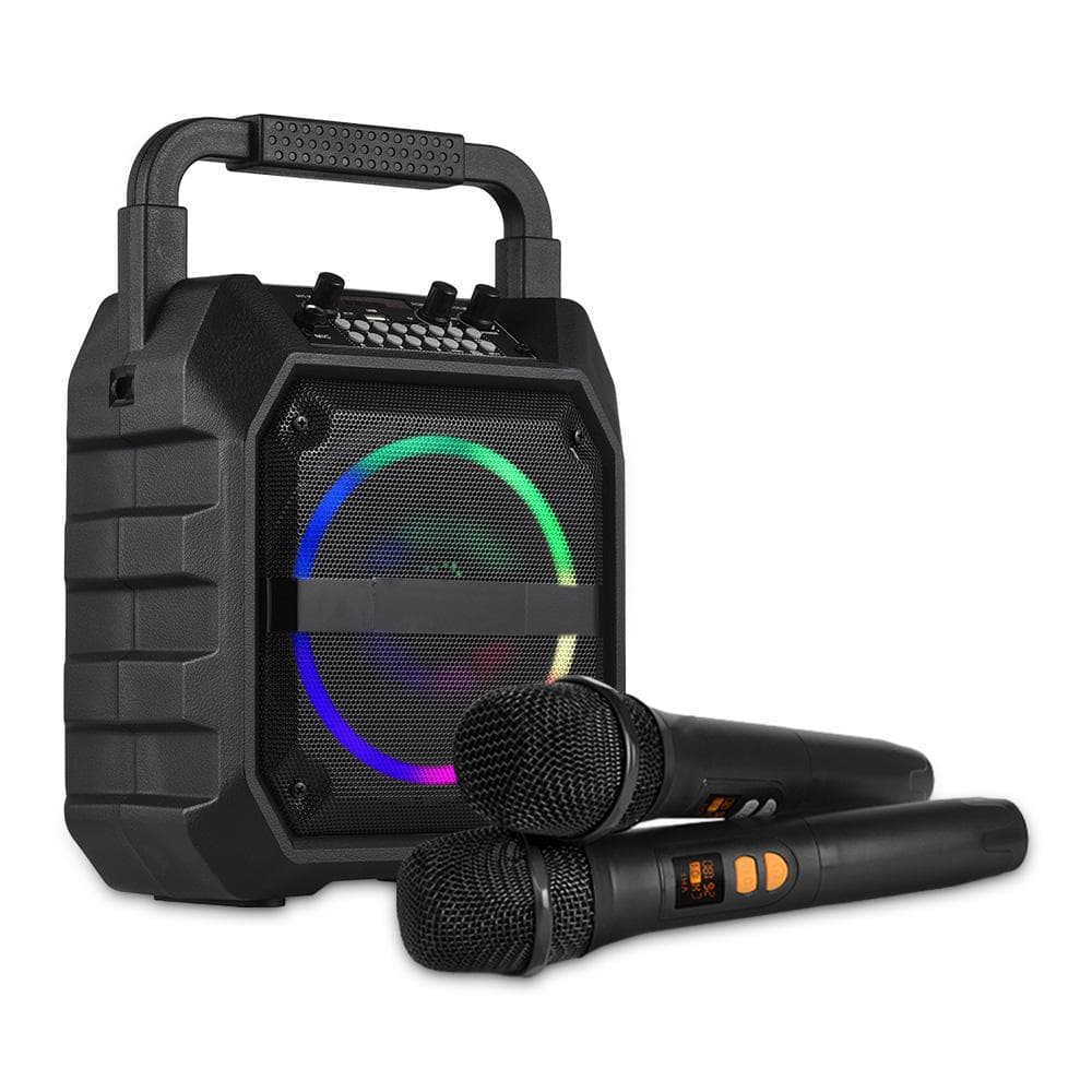 Mini Karaoke Machine Wireless Microphone and Speaker Set with 2 Microphone LED Color Light Handheld black