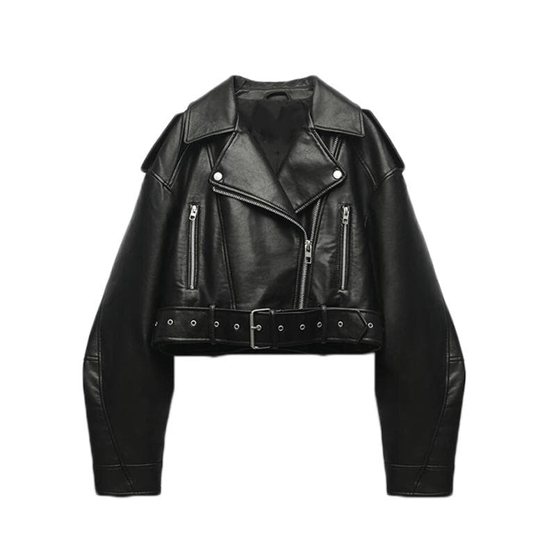 Women Faux Leather Jacket Spring Autumn Female Vintage Loose Zipper Coat with Belt Moto biker Outwear XS black