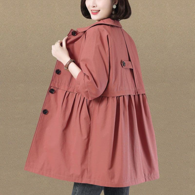Spring and Autumn Women's Long Wind Jacket, Drawn Fold Waist Versatile Coat 4XL