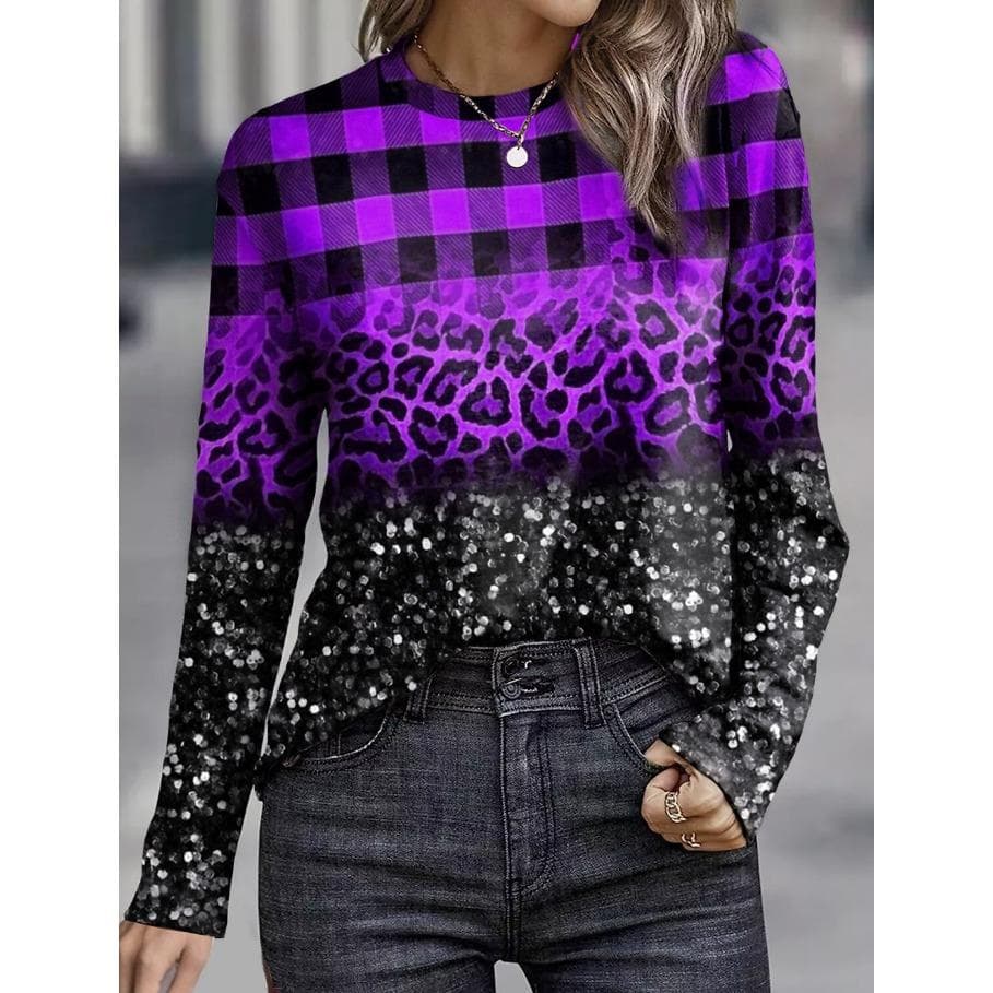 Women's Plaid Leopard Print Tops Color Blocked Print Casual Round Neck Pullover T-shirt for Daily Outings, Basic Style, Long Sleeved M