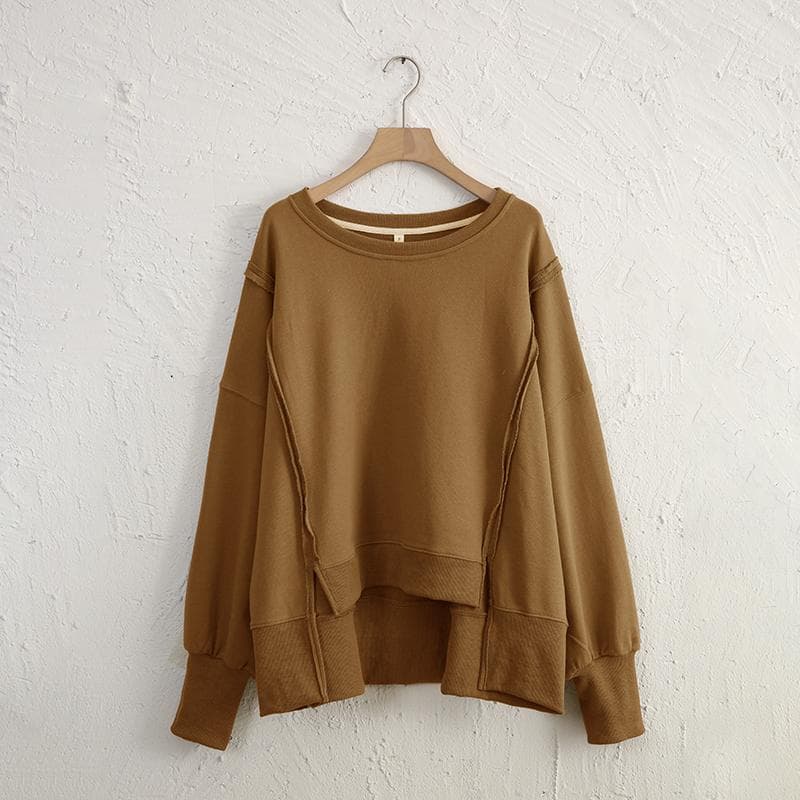 Oversized 100% Cotton Women Sweatshirts Long Sleeve Patchwork Open Side Streetwear Harajuku Pullovers Autumn Clothes For Women One size camel