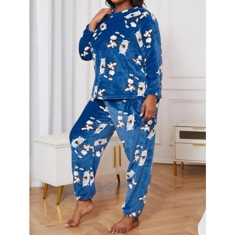 Women's Thickened Warm Flannel Pajamas Cute Cartoon Print Pajamas Set Oversized Pajamas 2 Pieces Long Sleeve Pajamas for Women 5XL blue