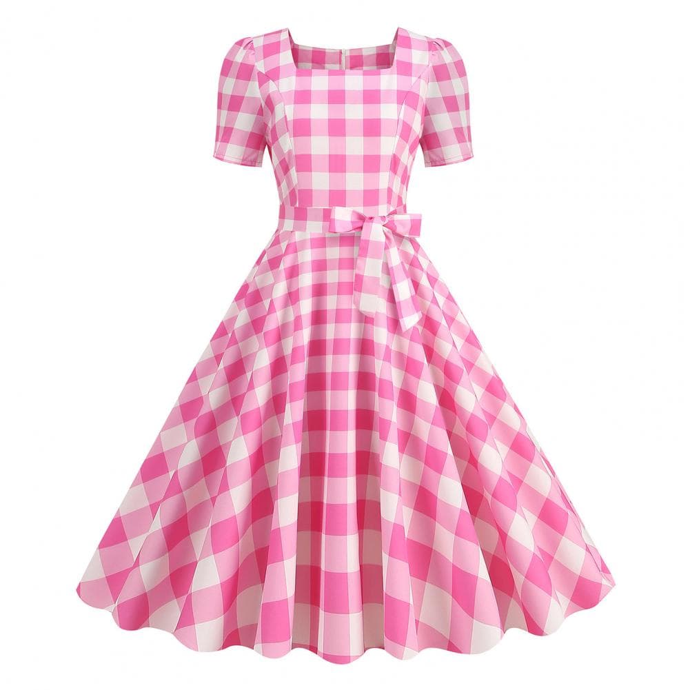Women Vintage Plaid Print Dress Square Collar Short Sleeve Midi Dress High Waist Bowknot Decor A-Line Swing Dress S pink