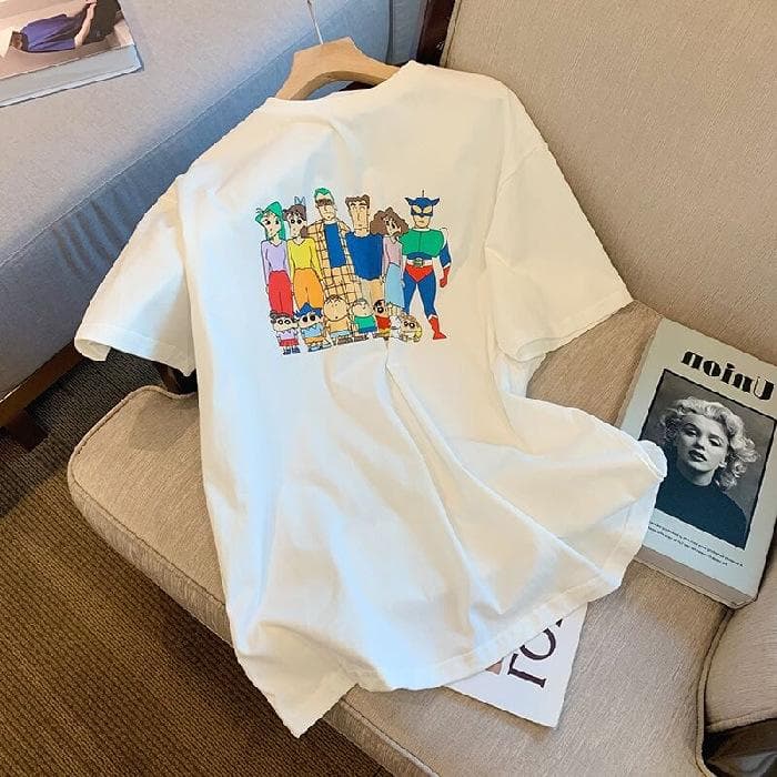 Cute Anime Crayon Shin-shirt Short-sleeved T-shirt for Women In Summer Loose Student Hong Kong Flavor Top T-shirt 3XL white