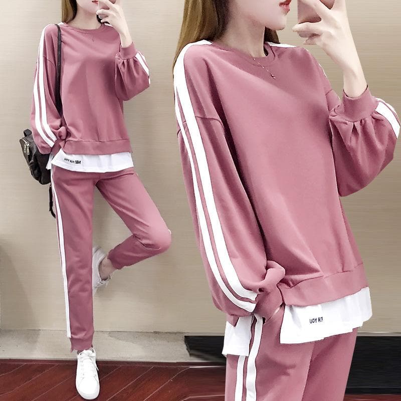 Large Size Women's Spring and Autumn Tracksuit 2 Piece Set Pullover Top Long Pants Sports Suit XL pink