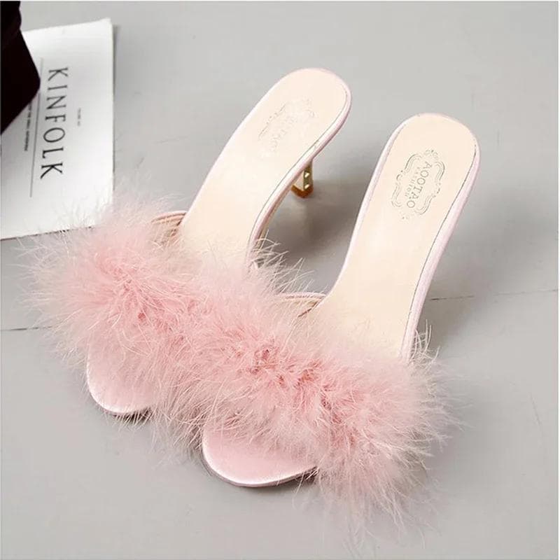 Women Slippers Summer 2024 New Fashion Hairy Stiletto Sandals Slippers Women Word Drag Open Toe Wear High Heel Slippers Women 37 pink