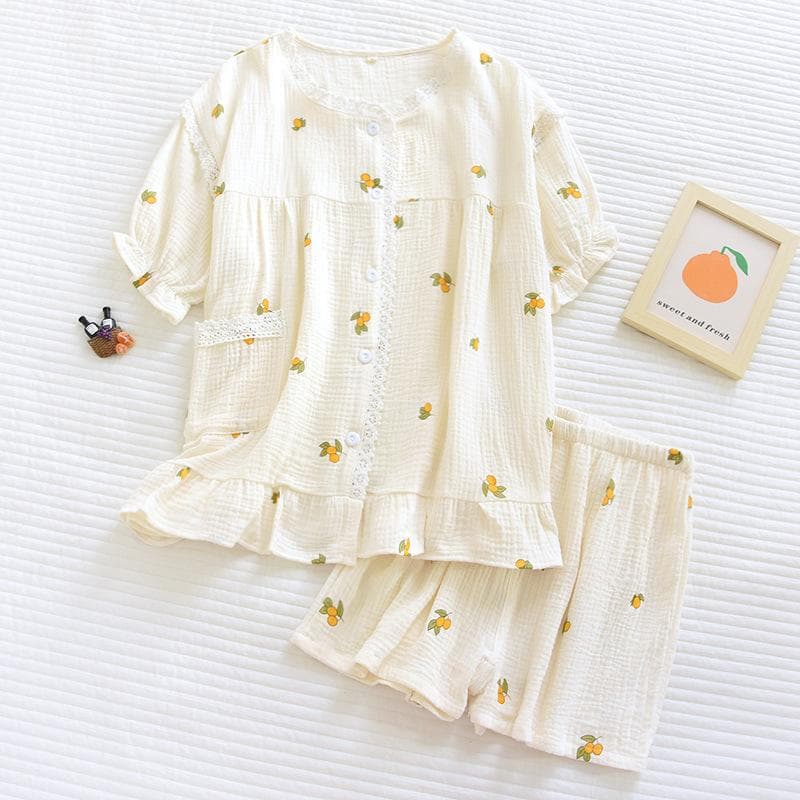 New Summer Ladies Pajamas Short-sleeved Shorts Two-piece Set 100% Cotton Crepe Suit Female Cute Fresh Home Clothes Plus Size XL