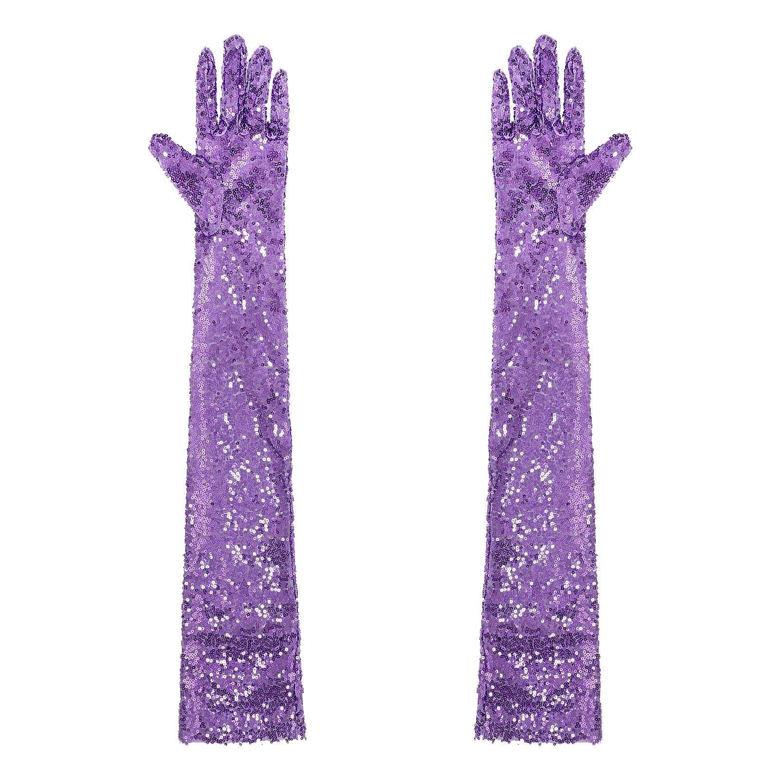 Womens Shiny Sequin Mesh Long Gloves Elbow Length Vintage Long Gloves for Opera Evening One Size lavender