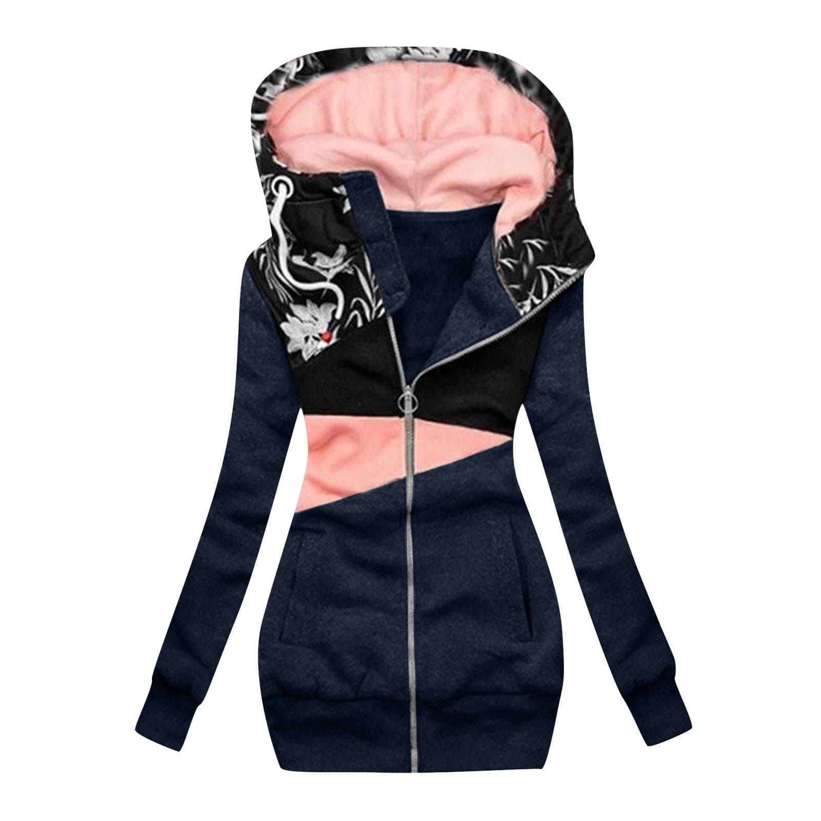 Casual Women's Sweater Zipper Color Matching Print Hooded Long-sleeved Jacket 5XL