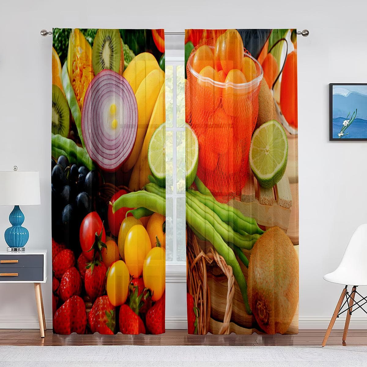Fruits and Vegetables Sheer Voile Curtain Organic Food Window Transparent Chiffon Tulle Curtains for Living Room Kitchen Decor 1 PCS W100XH250cm&Grommet Top