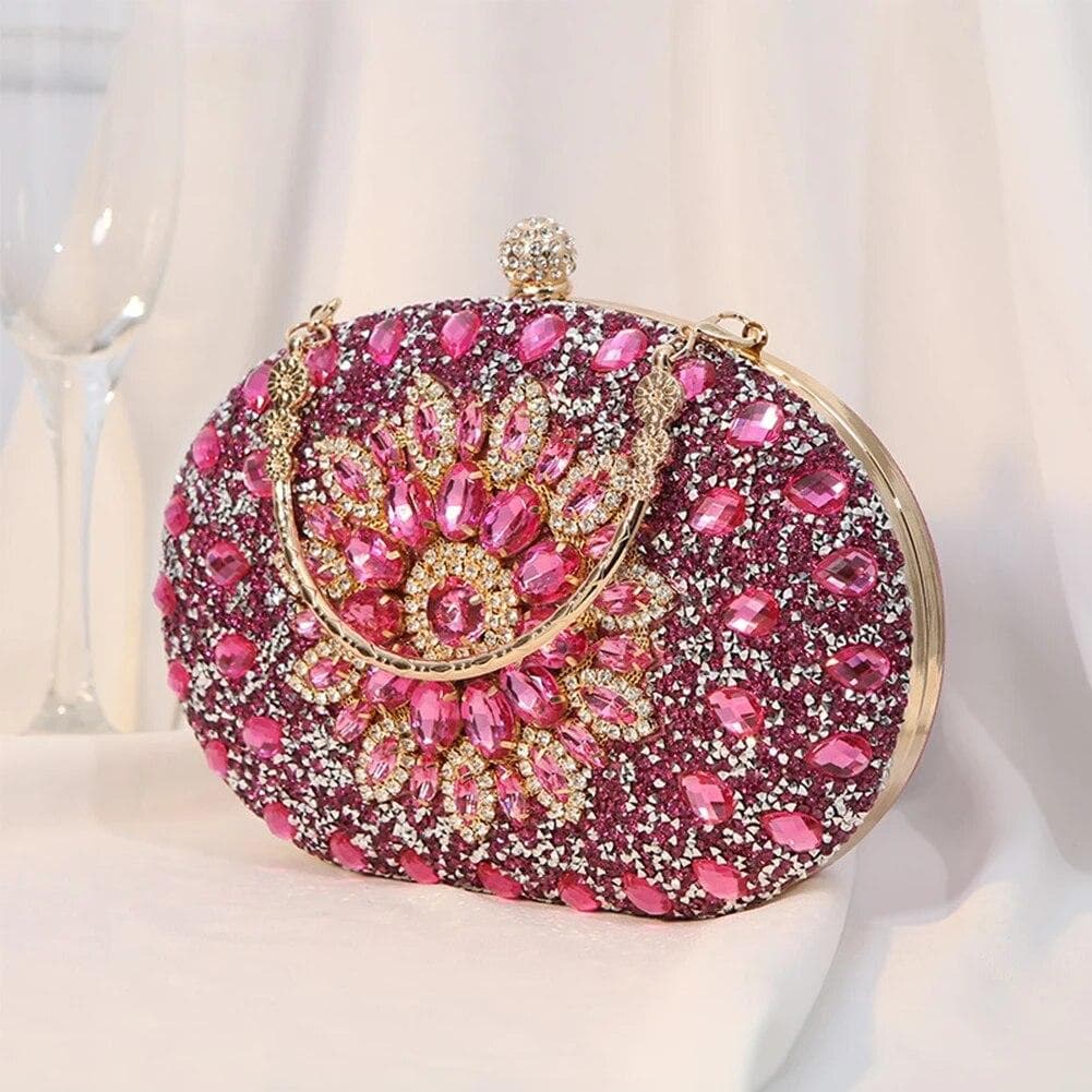 New Diamond Luxury Women Clutch Evening Bag Wedding Crystal Ladies Cell Phone Pocket Purse Female Wallet For Party Quality Gift rose red