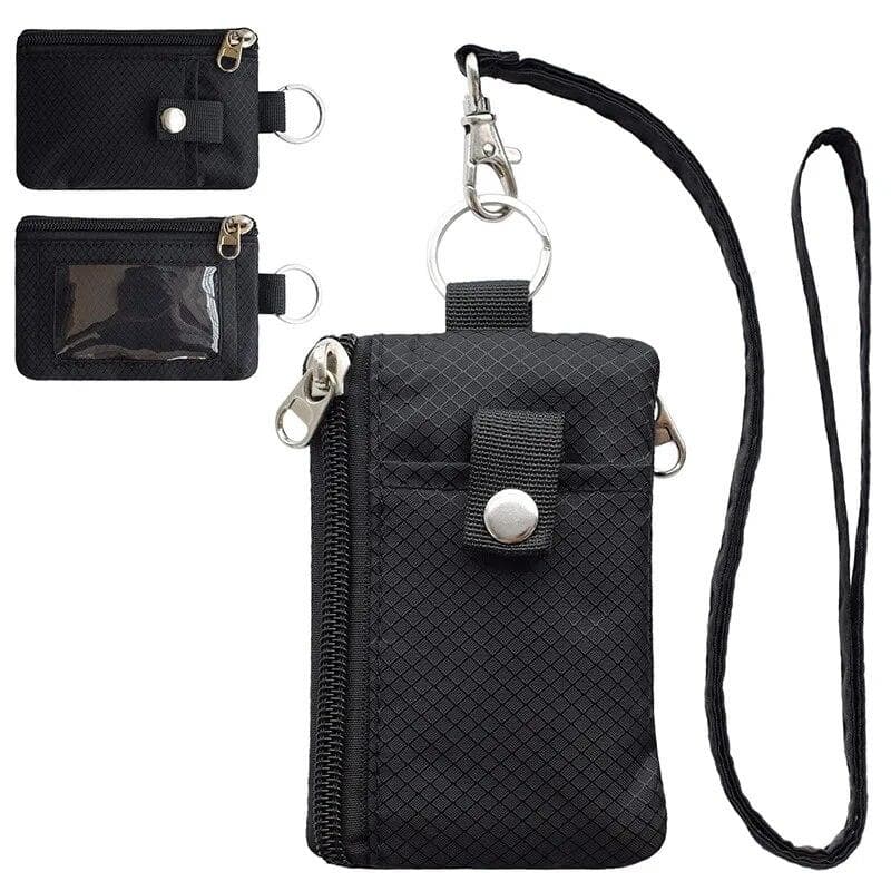 Blocking Small Wallet with ID Window Waterproof Zipper Case Pouch with Lanyard Keychain for Cards Cash Coin Purse One Size black