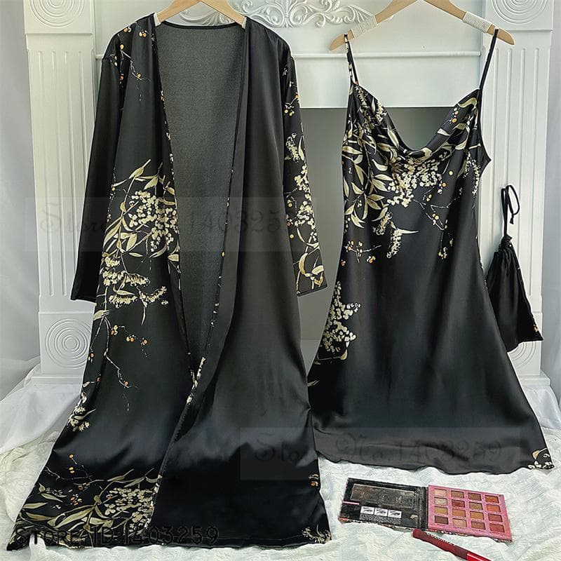 New Female 4PCS Pajamas Set Spring Summer Satin Sleepwear Intimate Lingerie Print Cherry Flower Nightgown Loose Home Clothes M