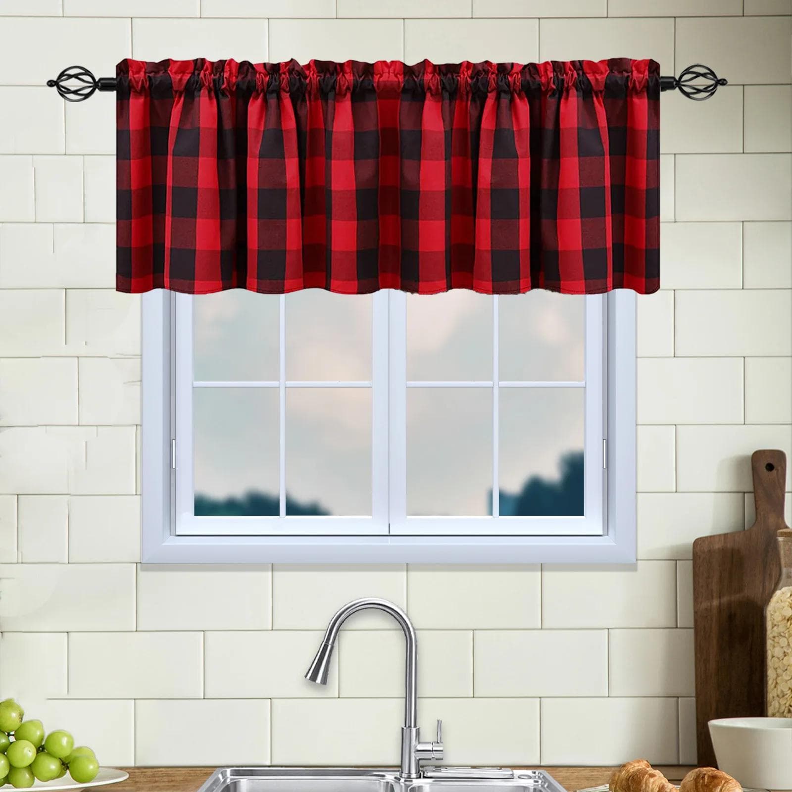 Buffalo Check Plaid Window Valances Red and Black Farmhouse Design Window Treatment Decor Curtains Rod Pocket Valances for Kitch W145XH80cm