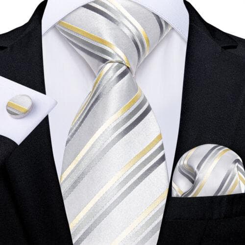 DiBanGu Red Blue Gold Gray Mens Silk Stripped Woven Tie Necktie Hanky Cufflinks N-7460