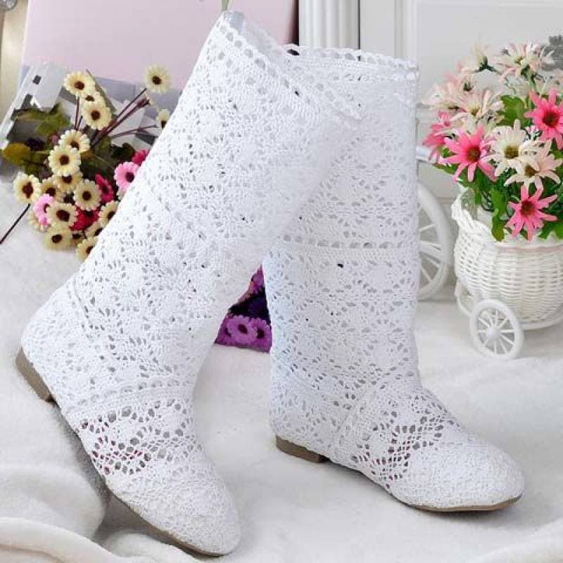 Lace Hollow Boots Shoes Breathable Knit Line Mesh Korean High Summer Women Boots Knee High Womens Shoes 41 white