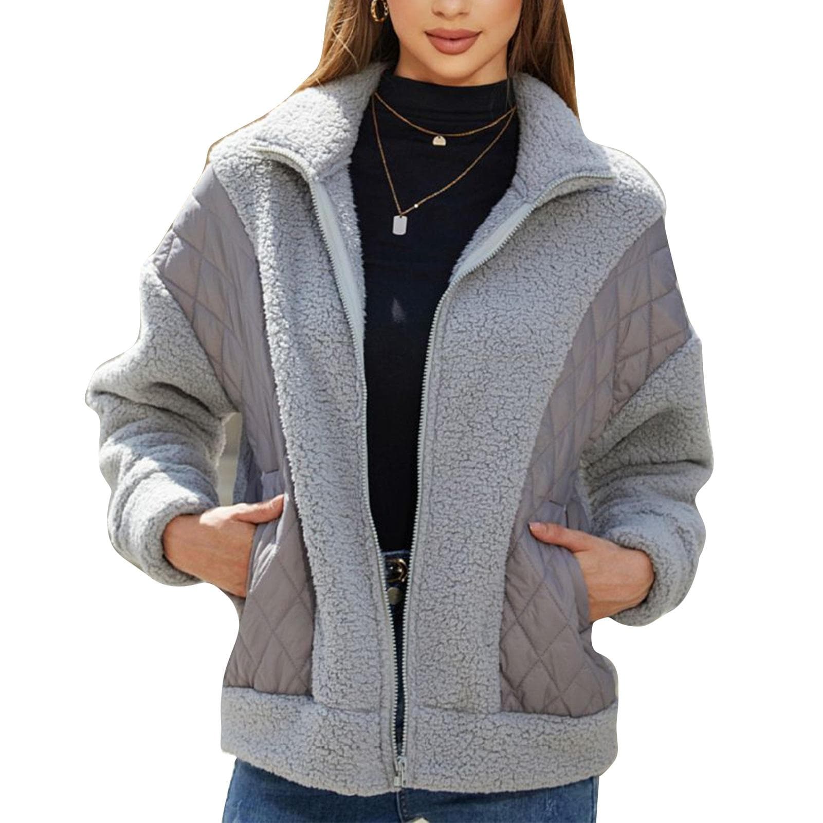 Women Long Sleeve Standing Collar Jacket Fashion Casual Loose Plush Splicing Full Zipper Women M silver grey