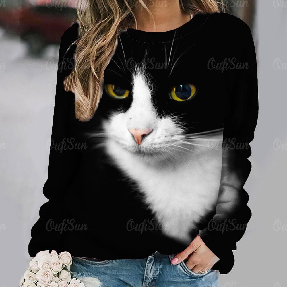 Women Long Sleeve T Shirt Kawaii Cat Graphic 3d Print Tees Harajuku Casual Tops Autumn O Neck Pullover Female Loose Clothing 2XL