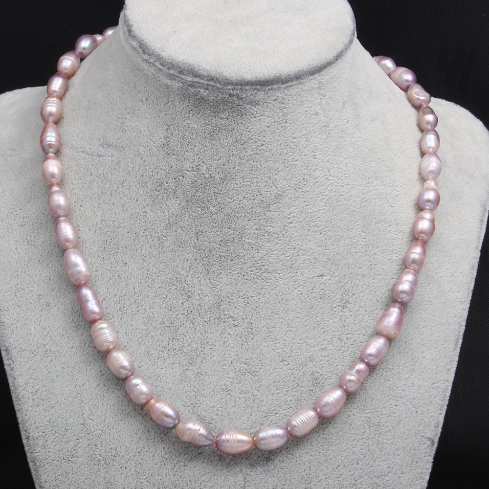 Women pearl necklace natural freshwater pearl rice-shaped beads for birthday gift chain 45 cm 8-9mm purple