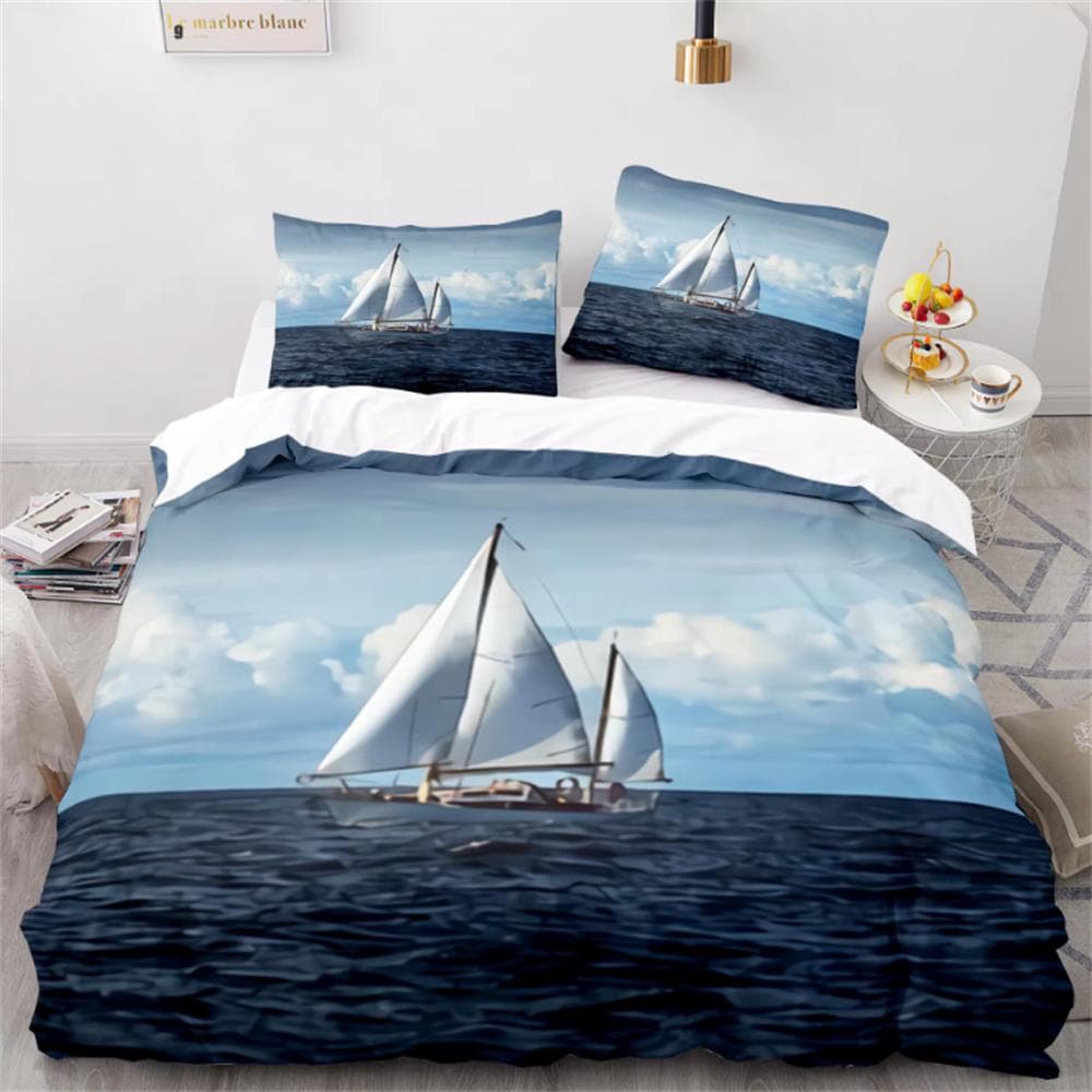 Wave Duvet Cover Set,Sea Ocean Nautical Bedding Set Sailboat Comforter Cover,Queen/King/Full/Twin Size Polyester Quilt Cover EU King 240x220cm