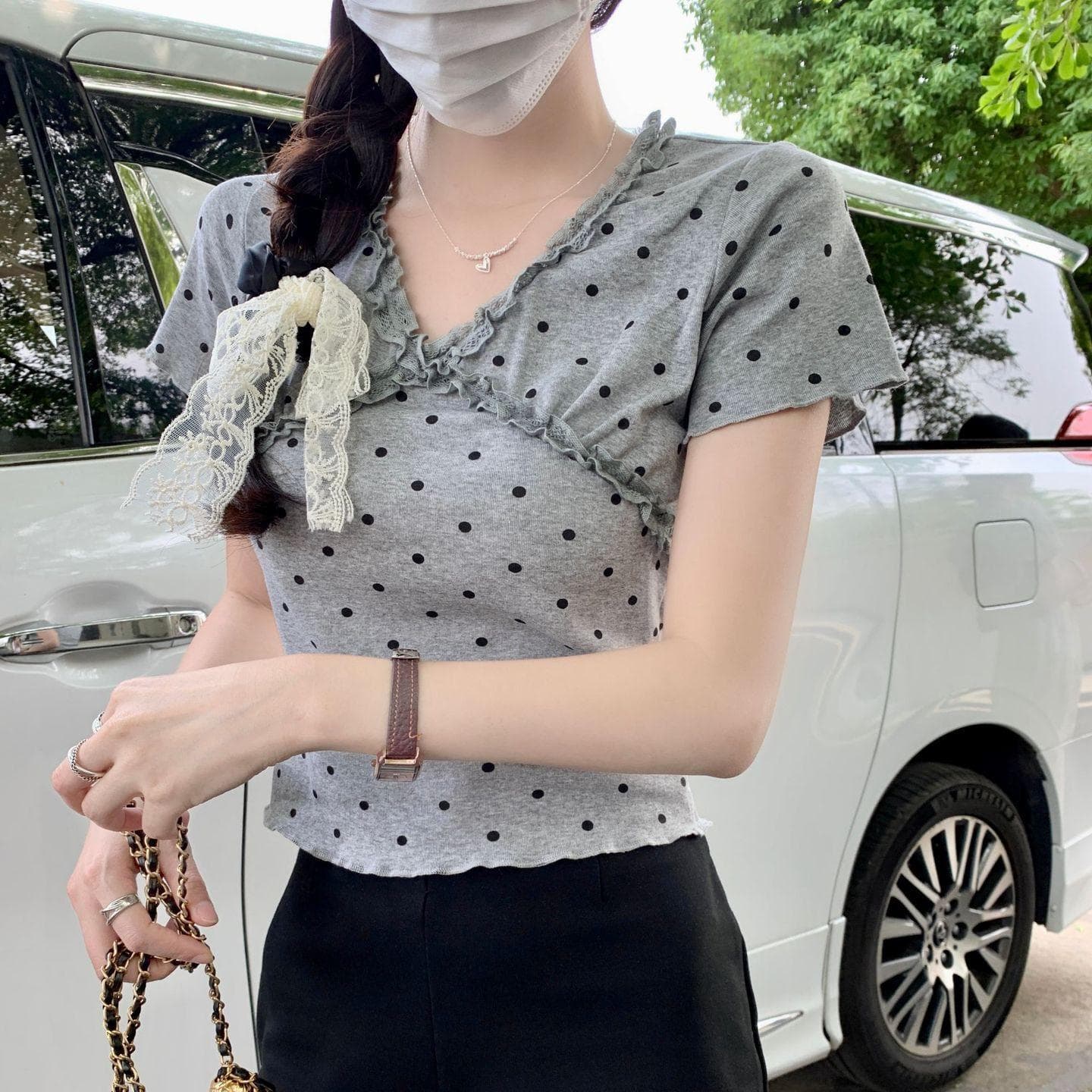 Lace Earrings Polka Dot V-neck Short-sleeved T-shirt for Women's Summer New Design Short Shirt Top XL grey