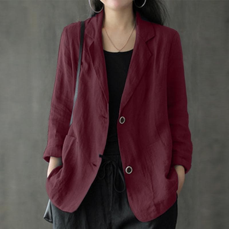 ZANZEA Korean Version of Summer 3/4 Sleeve Button Cotton Linen Suit Thin Cardigan Blouse L wine red