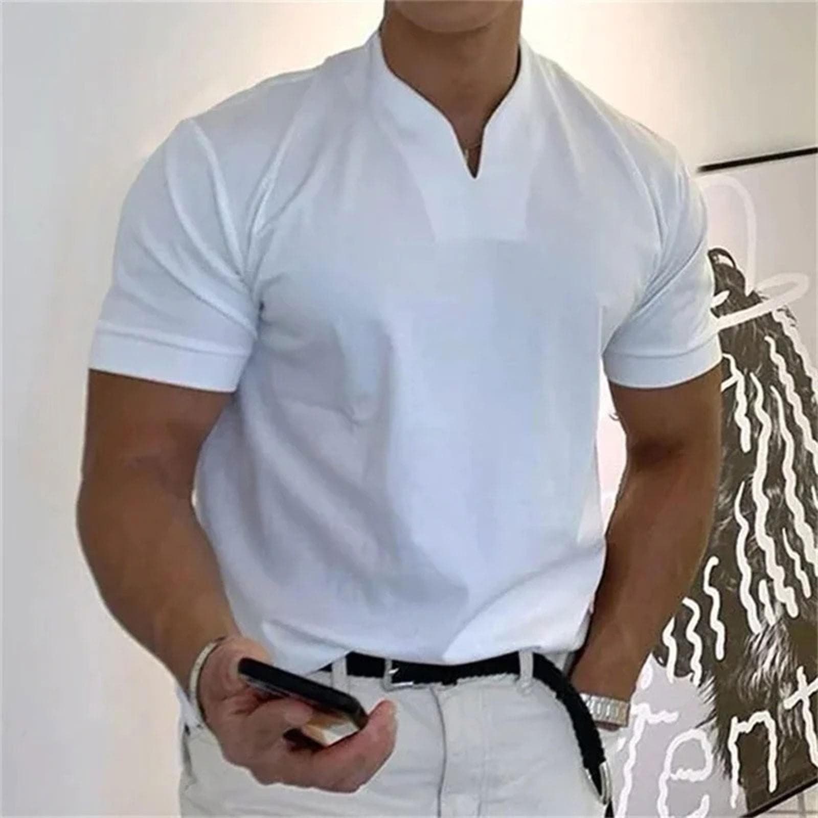 Men's Casual Solid Color V-Neck Gentleman's Business Short Sleeve Fitness T-Shirt M