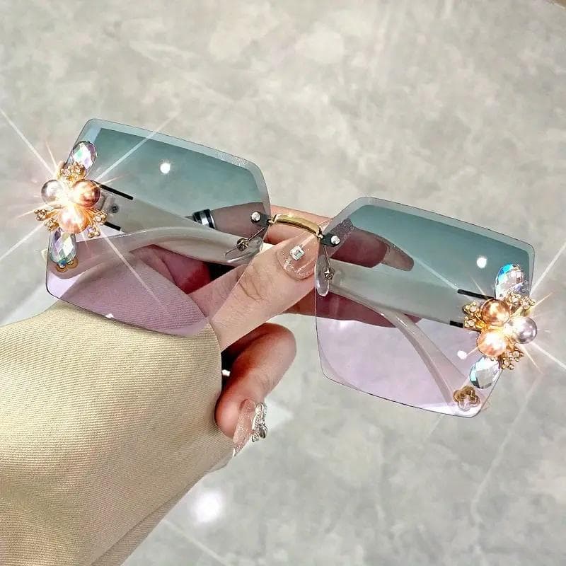 Rhinestone Decor Fashion Glasses For Women Men Gradient Rimless Sunglasses Summer Beach Party Accessories