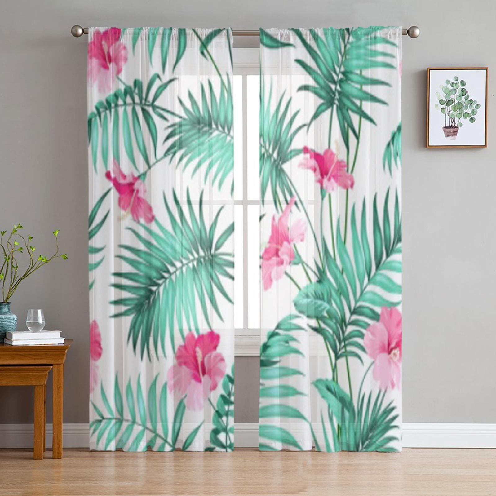 Seamless Pattern Tropical Background With Flowers Chiffon Sheer Curtains Living Room Bedroom Decor Window Voiles Tulle Curtain 135W x 114H(cm)