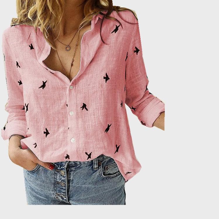 GMXIA Women's Fashion Casual Solid Color Print Long Sleeve POLO Neck Loose T-shirts and Linen Shirt Tops 3XL