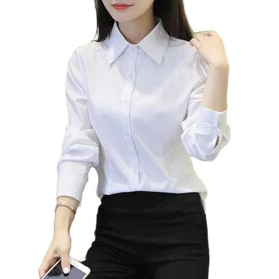 Women Shirt Lapel Short Sleeve Buttons Placket Shirt Tops Solid Color Slim Fit Office Business Shirt Workwear L white