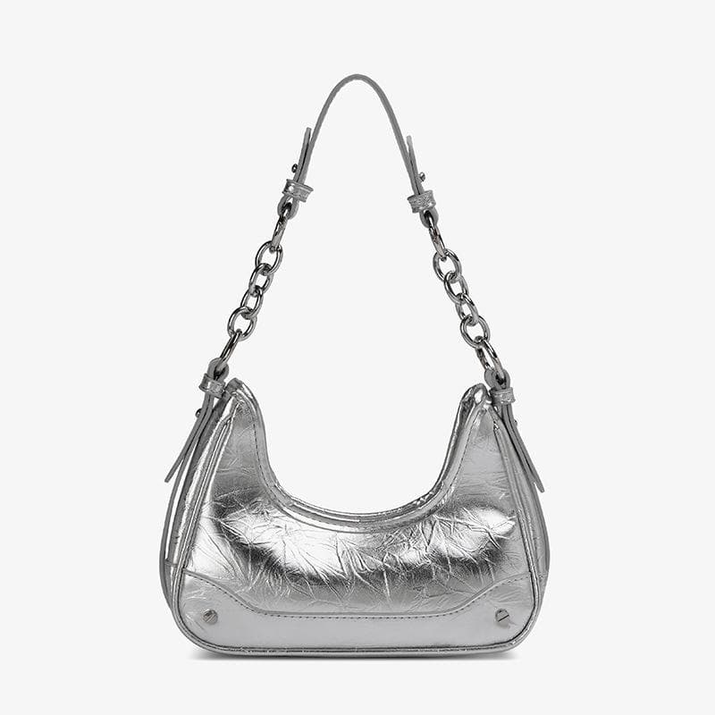 Trendy Chain Chain Baguette Bag for Women's Underarm silver