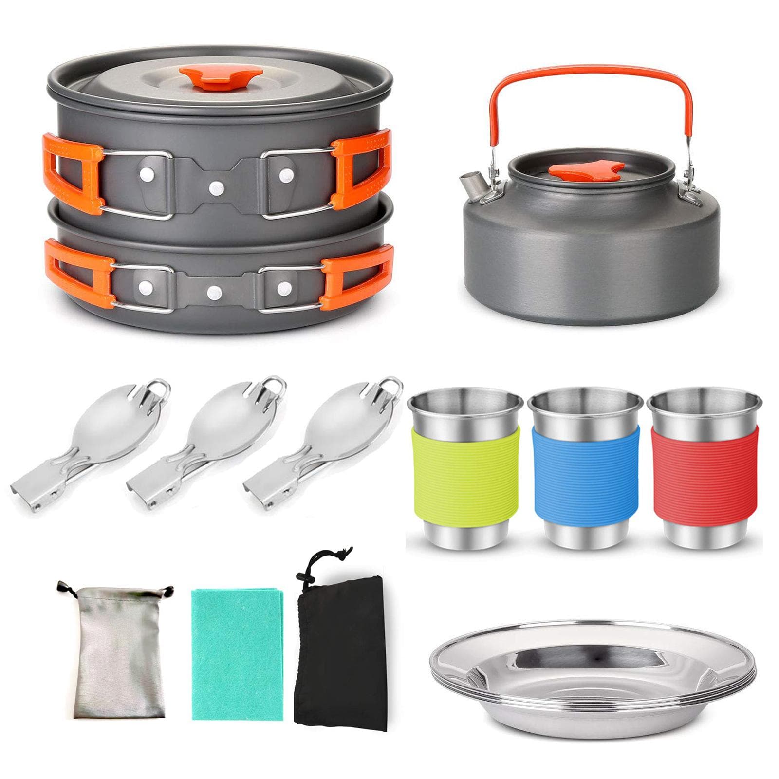 Camping Cookware Set Outdoor Cooking Equipment for Camping Hiking and Picnics for 2-3 People All in orange