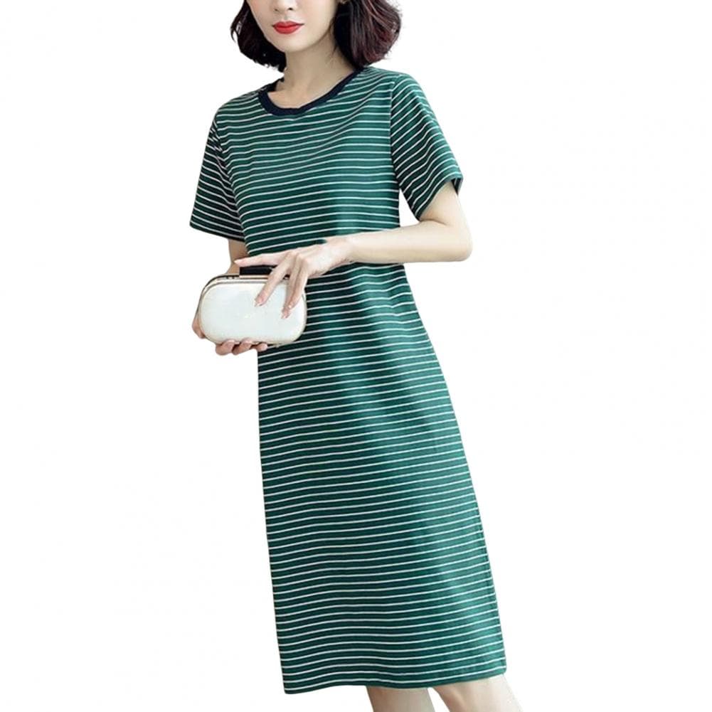 Women Casual Striped Middle Dress Short Sleeve Loose Round Neck Summer Lightweight Comfortable Office Beach Party Dress M green