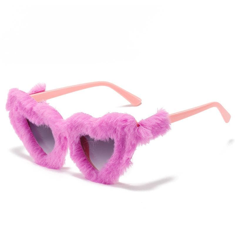 Retro Heart-Shaped Plush Sunglasses Women Fashion Blue Pink Eyewear Trending Men Cat Eye Protection Shades As the picture