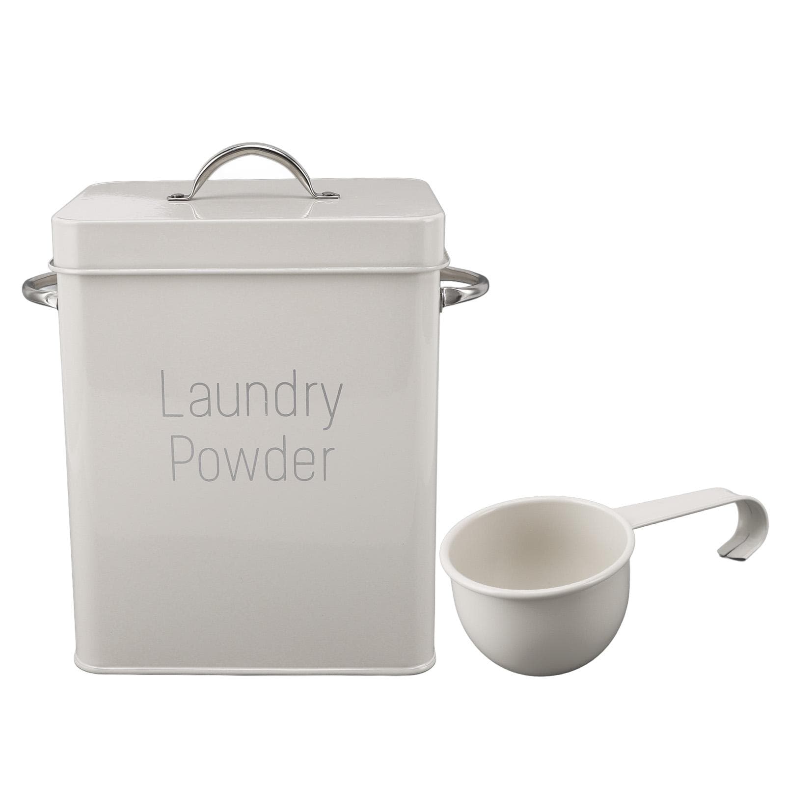 Metal Laundry Room Container with Dual Side Handles with Spoon Lid Farmhouse Laundry Powder white