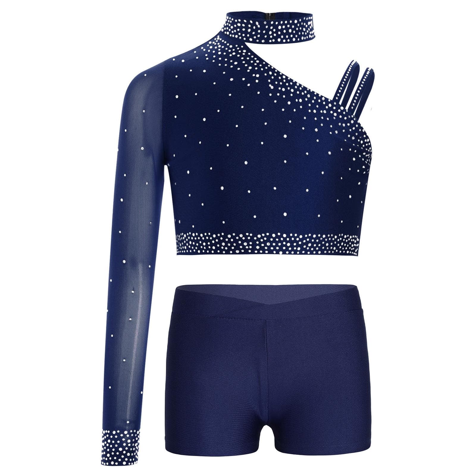 Girls Sparkly Dance Top Irregular Shoulder Crop Top V Front Waistband Shorts Rhinestone Stage Costume 15-16 Years navy blue