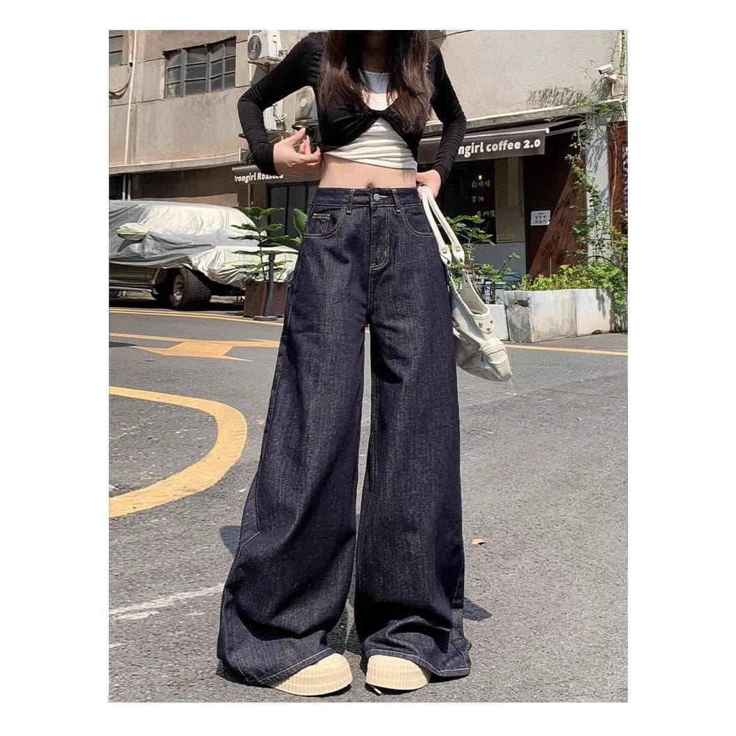 Dark Blue American Wide-leg Jeans for Women New High-waisted Slimming Drape Straight-leg Pants XXL