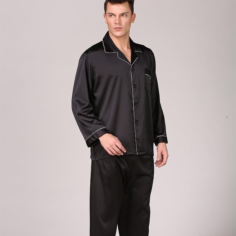 Men's Black Silk Pajamas - Long-Sleeved, Solid Color, Large Size Summer Homewear XL black