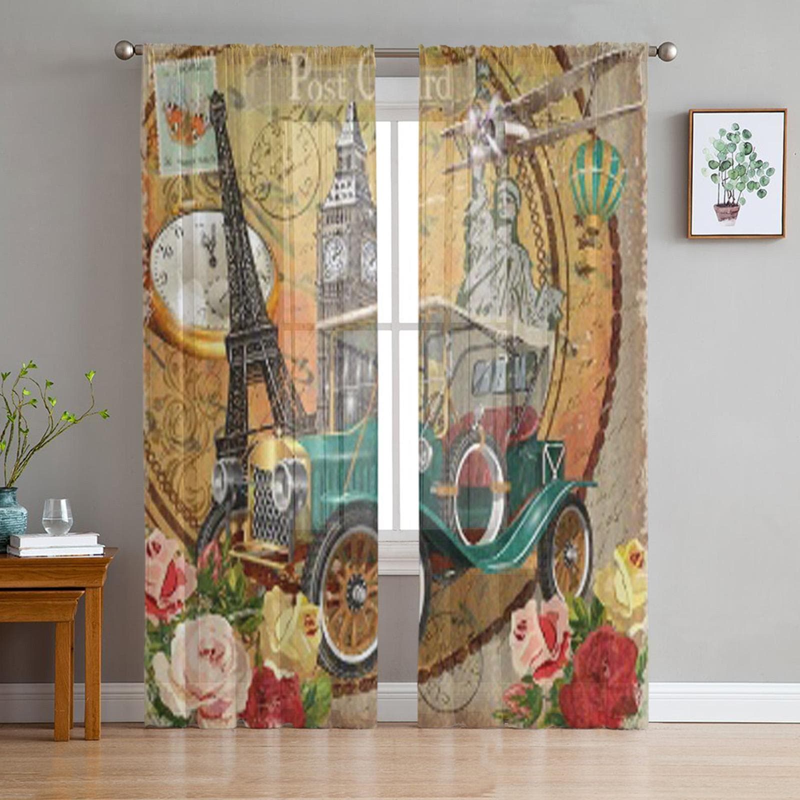 Travel Around The World Vintage Poster Sheer Curtains for Living Room Tulle Window Curtain Bedroom Kitchen Veil Drapes 135W x 114H(cm)