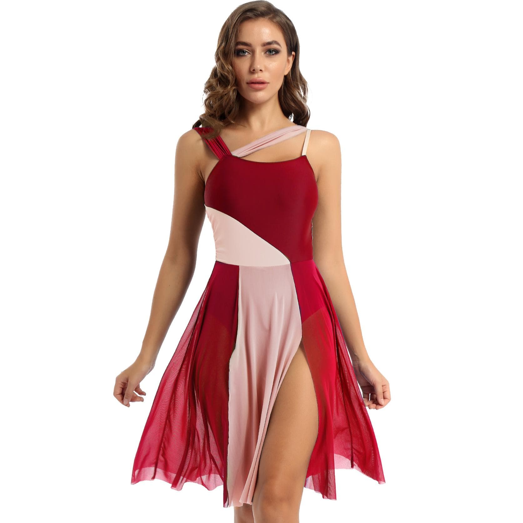 Sleeveless Color Block Ballet Dance Gymnastic Bodysuit Mesh Overlay Ballet Contemporary Dance Dress Lyrical Leotard Performance Costume S burgundy