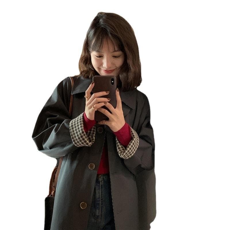 Windbreaker Women's Mid-length Spring and Autumn New British Style Khaki Plaid Small Temperament Coat XL