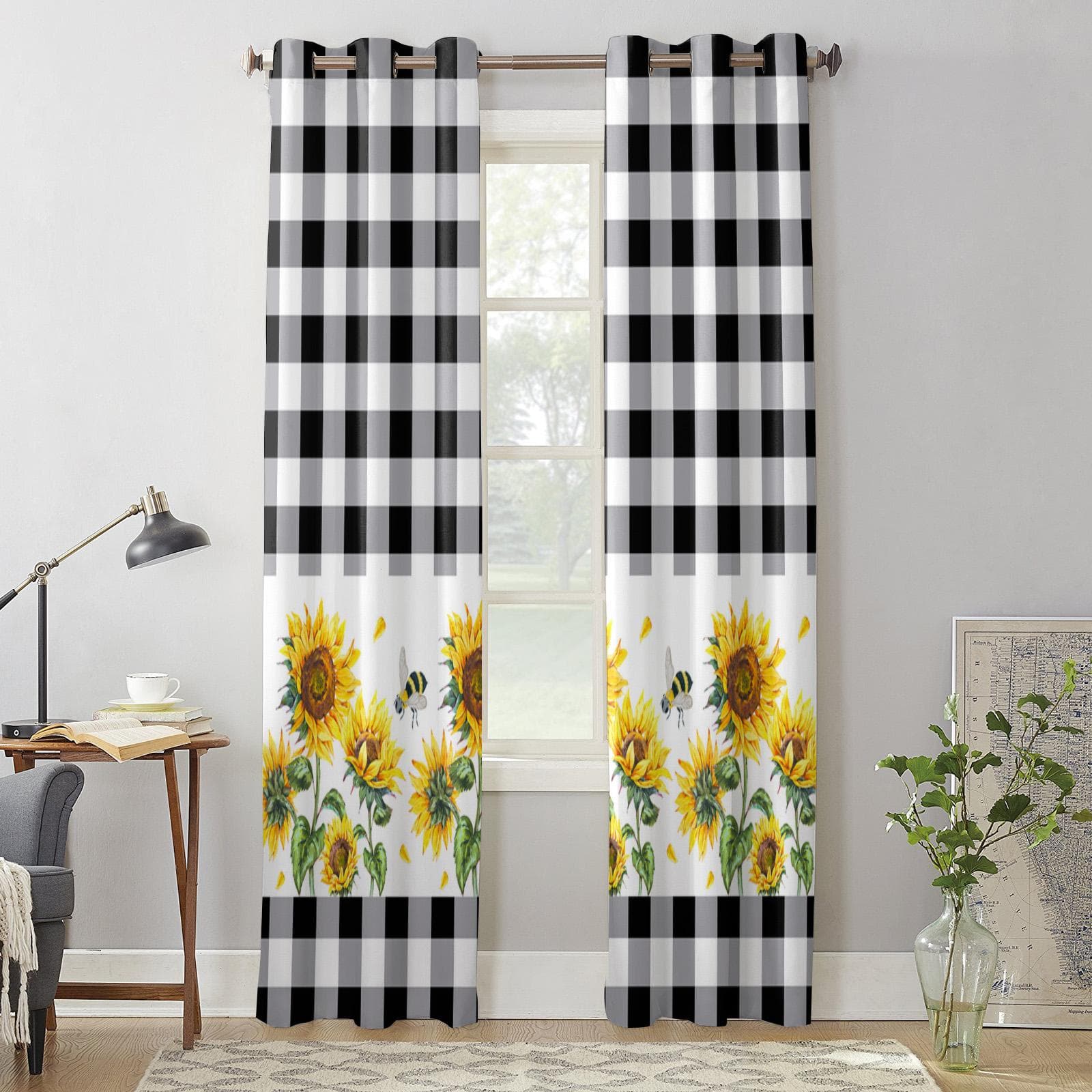 Bedroom Kitchen Curtain Farm Sunflower Bee Plaid Window Curtains Curtains for Living Room Decorative Items 135W x 60H(cm) x1