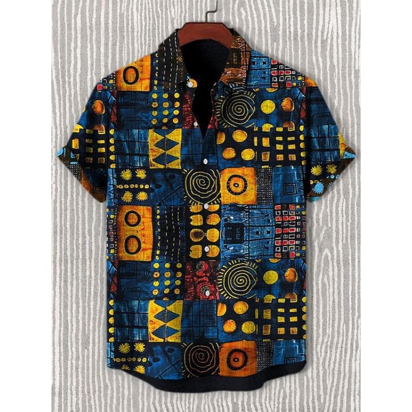 2025 Vintage African Style Men's Retro Ethnic Tribal Short Sleeve Shirts Tops Fashion Casual Vacation Streetwear Men's Shirts L