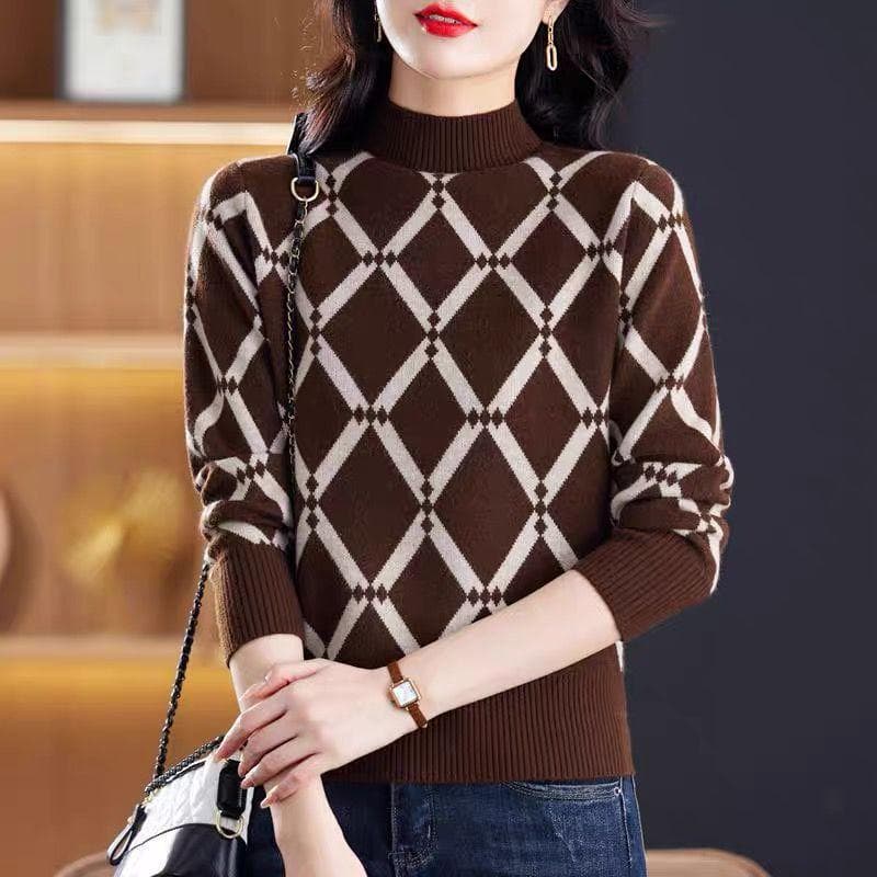 Winter Loose Fitting Pullover Splicing Half High Neck Thick Sweater Women's Jacquard Knitting Base 2XL