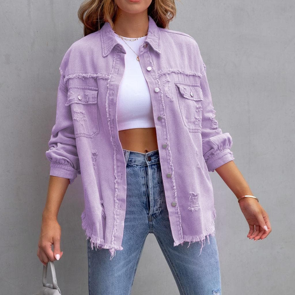 Women's Fashion Ripped Denim Women's Autumn and Winter Long-sleeved Casual Lapel Top Jacket L