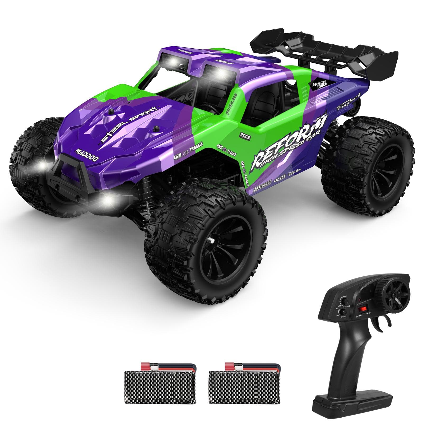 Remote Control Car, 2.4GHz 1:14 Scale 4WD Off Road Vehicle, 40KM/H High Speed All-Terrain Electric 2 battery purple