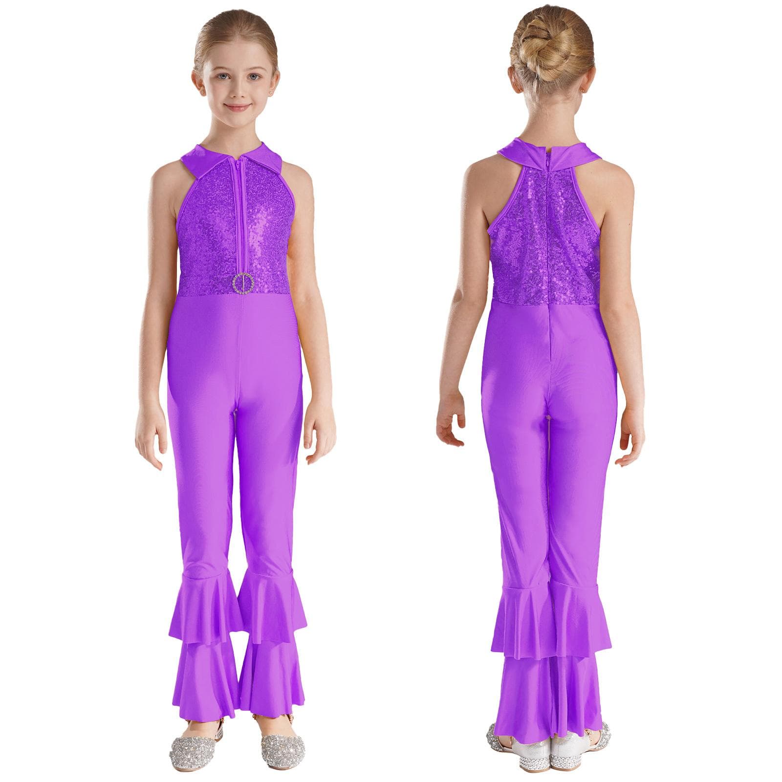 Kids Girls Bronzing Cloth One Piece Sleeveless Tiered Bell-bottom Pants Style Unitard Bodysuit Costumes 7-8 Years purple
