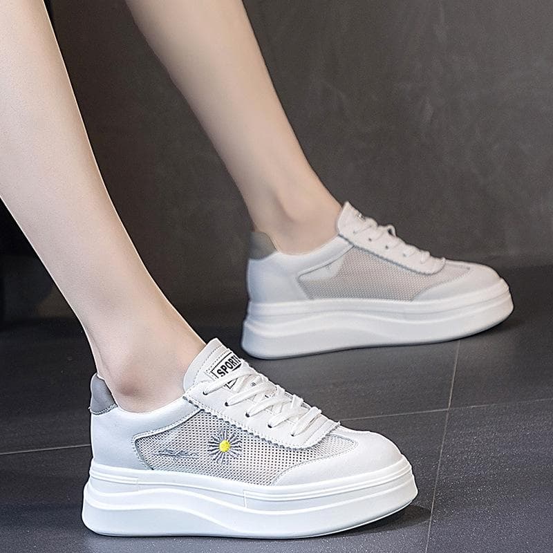 Small White Shoes Women's Trendy Summer New Mesh Breathable Thick Bottom Inner Heightened Hollow Daisy Sneakers Women 39